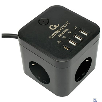 Cablexpert Сетевой фильтр Cube CUBE-3-CU3-B-1.5 (3р, 10А, 1xType-C PD, 3xUSB, 1.5м, ур.защиты 4+) черный, коробка