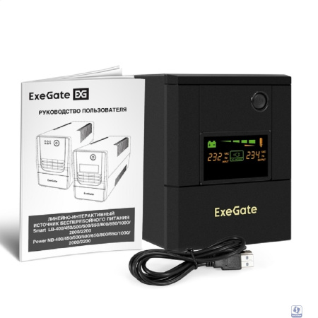 Exegate EX299822RUS ИБП ExeGate Smart LB-2000.LCD.AVR.4SH.USB (2000VA/1200W, цветной LCD, AVR, 4*Schuko, USB, батарея 12V 9Ah - 2 шт., металлический корпус, Black)
