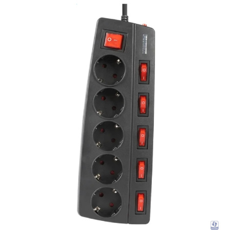 Filum Сетевой фильтр FL-SPL5-3.0M-BL, 2500 Вт., 5 розеток, защитные шторки, инд. выключатели, шнур 3.0 м., черный 