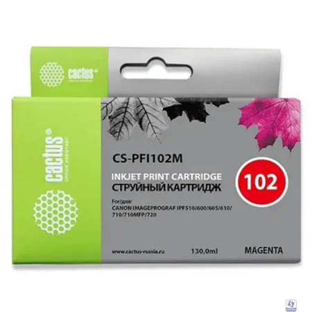 CACTUS PFI-102M Картридж струйный для Canon iPF500/iPF600/iPF700/ MFP M40/iPF765/LP17/LP24, пурпурный (130мл)