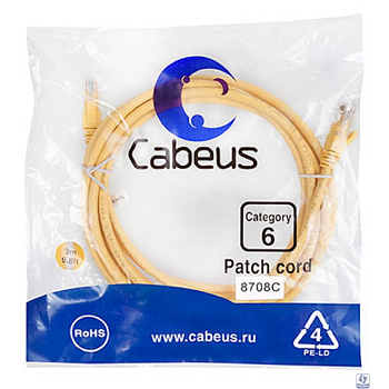 Cabeus PC-UTP-RJ45-Cat.6-3m-YL Патч-корд U/UTP, категория 6, 2xRJ45/8p8c, неэкранированный, желтый, PVC, 3м