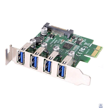 ORIENT VA-3U4PELP, Контроллер PCI-Ex1, USB 3.2 Gen1 (USB 3.0), скорость до 5 Гбит/с, 4-port ext, VIA VL805 chipset,  Low Profile, разъем доп.питания, oem (33295)    