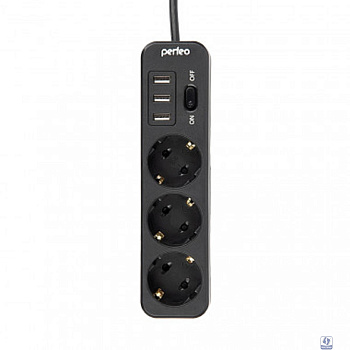 Perfeo сетевой фильтр "POWER STREAM", 2500W, двойная защита, 4м, 3 розетки, 3 USB, черный.
