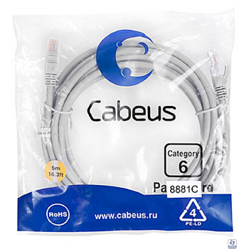 Cabeus PC-UTP-RJ45-Cat.6-5m-LSZH Патч-корд U/UTP, категория 6, 2xRJ45/8p8c, неэкранированный, серый, LSZH, 5м