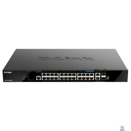 D-Link DGS-1520-28MP/A1A Управляемый L3 стекируемый коммутатор с 20 портами 10/100/1000Base-T, 4 портами 100/1000/2.5GBase-T, 2 портами 10GBase-T и 2 портами 10GBase-X SFP+ (PoE-бюджет 370 Вт)
