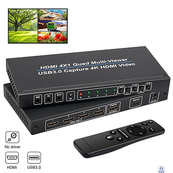 ORIENT HS0401QMV-HVC, HDMI переключатель-квадратор 4->1 с видеозахватом, 4 режима отображения, вход/выход 4K/30Гц,, HDMI 1.4, HDCP1.2, порт USB 3.0 Type-C (4K video capture output), (33282)