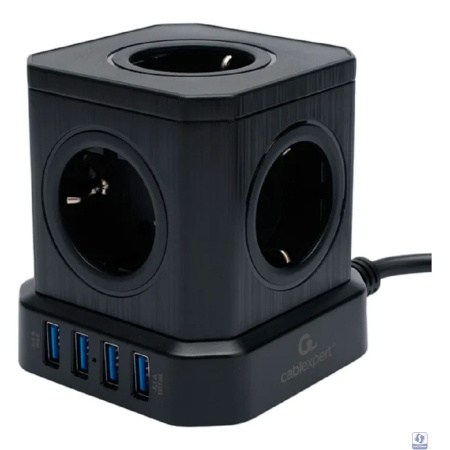 Cablexpert Сетевой фильтр Tower TWR-5-U4-B-3 (Tower 5р, 10А, 4 х USB, 3.1А, 3м, ур.защиты 4+) черный, коробка 