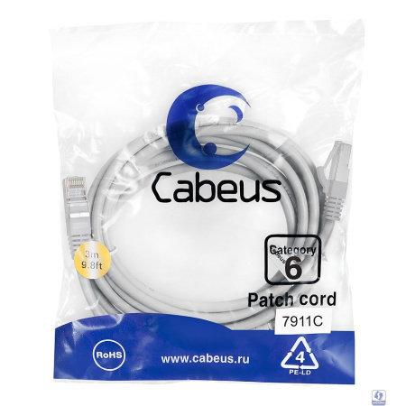 Cabeus PC-FTP-RJ45-Cat.6-3m-LSZH Патч-корд F/UTP, категория 6, 2xRJ45/8p8c, экранированный, серый, LSZH, 3м
