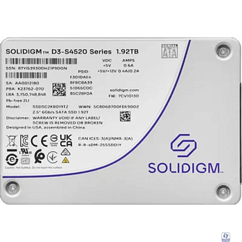 Solidigm SSDSC2KB019TZ1Z Solidigm SSD D3-S4520 Series, 1920GB, 2.5" 7mm, SATA3, TLC, R/W 550/510MB/s, IOPs 91 000/38 000, TBW 8800, DWPD 3 (12 мес.)