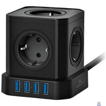 Cablexpert Сетевой фильтр Tower TWR-5-U4-B-2 (5р, 10А, 4 х USB, 3.1А, 2м, ур.защиты 4+) черный, коробка 