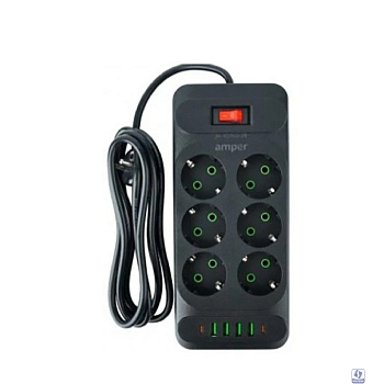 Amper сетевой удлинитель, 2,0м, 6 розеток, 10А, 2500 Вт, 4usb,2Type-C, черный. [JH-1076U-2B]