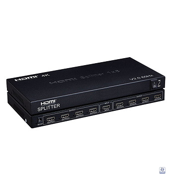 ORIENT HSP0108HV2-2.0, HDMI разветвитель 1->8, UHD 4K/60Гц (3840x2160),  HDR10, HDMI 2.0b, 18 Гбит/с, HDCP 2.2, внешний БП 5В, метал.корпус (33397)