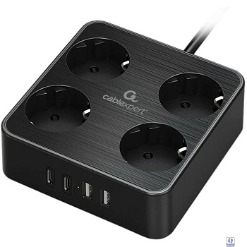 Cablexpert Сетевой фильтр Plate PLT-4-C2U2-B-2 (4р, 10А, 2xType-C PD, 20Вт, 2xUSB, 2м, ур.защиты 4+) черный, коробка 