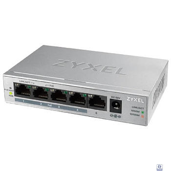 ZYXEL GS1005HP-EU0101F PoE+ коммутатор GS1005HP, 5xGE (4xPoE+), настольный, металлический, бесшумный, бюджет PoE 60 Вт