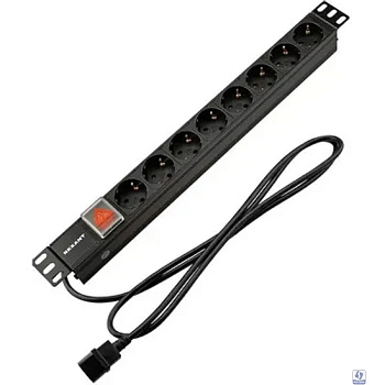 Rexant (04-0302-1) Блок распределения питания для 19" шкафов, горизонтальный, 8 розеток СЕЕ 7/4, 10A, выкл, алюм корп, шнур 2м, вилка C14