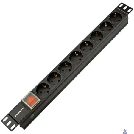 Rexant (04-0303-1) Блок распределения питания для 19" шкафов, горизонтальный, 8 розеток СЕЕ 7/4, 10A, выкл, алюм корп, гнездо C14