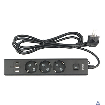 PowerCube Бытовой удлинитель (PC-6B-2M) 3р с/з вык.,3USB, 3500 Вт, 16А, 1.9 м, 3*1,0 (черный) 