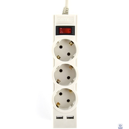 Perfeo сетевой фильтр "POWER-S", 5,0м, 3 розетки 10А, 2USB, 2500 Вт, двойная защита, серый.
