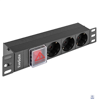 Exegate EX298593RUS Блок розеток 10" с выключателем с подсветкой ExeGate ServerPro PDU-10H305 Al-3S-C14-SW (10", 1U, Алюминий, 3 Schuko, C14, выкл. с подсветкой, (ШхВхГ): 254х45х45 мм, черный, RTL)