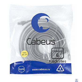 Cabeus PC-UTP-RJ45-Cat.6-15m-LSZH Патч-корд U/UTP, категория 6, 2xRJ45/8p8c, неэкранированный, серый, LSZH, 15м