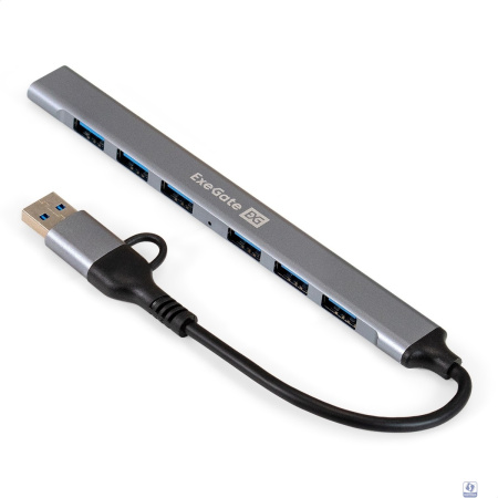 Exegate EX299790RUS USB-Хаб (концентратор) 7-в-1 ExeGate DUB-761C3 (кабель-адаптер USB Type-A + Type-C --> 6xUSB2.0, 1xUSB3.0, Plug&Play, серебристый)