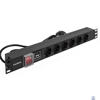 Exegate EX280833RUS Блок розеток ExeGate ServerPro PDU-19H608 Al-6S-EU2-SW-SPD1, 19",1U,алюм, 6Schuko, евровилка,2м,SPD1