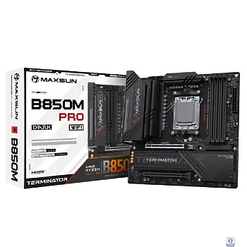 MAXSUN MS-Terminator B850M PRO DARK WIFI (Socket AM5, mATX, 4*DDR5(192Gb), DP/HDMI, 2*SATA3, 3*M.2, 1*PCIEx16/1*PCIEx4, 1* Type-C, 4*USB 2.0, 4*USB 3.2, LAN 1*2.5G, SPDIF, WiFi 6E,  RTL)