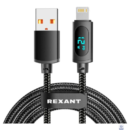 Rexant (18-7062) Кабель USB-A – Lightning для Apple, 2,4А, 1м, в черной нейлоновой оплетке, c LED дисплеем