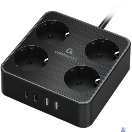 Cablexpert Сетевой фильтр Plate PLT-4-C2U2-B-2 (4р, 10А, 2xType-C PD, 20Вт, 2xUSB, 2м, ур.защиты 4+) черный, коробка 