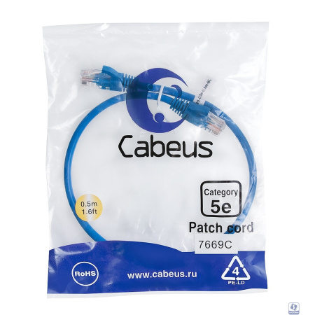 Cabeus PC-UTP-RJ45-Cat.5e-0.5m-BL Патч-корд U/UTP, категория 5е, 2xRJ45/8p8c, неэкранированный, синий, PVC, 0.5м