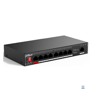 DAHUA DH-SF1009P 9-портовый неуправляемый коммутатор с РоЕ, 8xRJ45 100Mb PoE, 1xRJ45 100Mb uplink, суммарно 96Вт, коммутация 1.8 Гбит/с, MAC-таблица 2K, металл