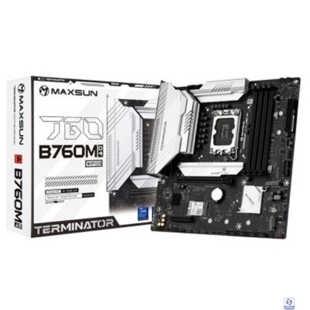 MAXSUN MS-Terminator B760M D4 WIFI6E V2 (Socket 1700, mATX, 4*DDR4(128b), DP/HDMI, 4*SATA3, 3*M.2, 1xPCI-E x16 /1xPCI-E x4, 6*USB 2.0, 2*USB 3.2 GEN2, LAN 1*2.5G,  Bluetooth,  Wi-Fi 802.11ax, RTL)