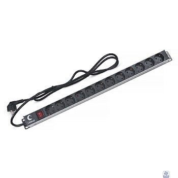 Cabeus PDU-12P-2EU Блок евророзеток для 19" шкафов, 12 розеток, 16 A, выключатель, шнур 2м, алюминиевый корпус, немецкий стандарт