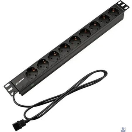 Rexant (04-0305-1) Блок распределения питания для 19" шкафов, горизонтальный, 9 розеток СЕЕ 7/4, 10A, без выкл, алюм корп, шнур 2м, вилка C14