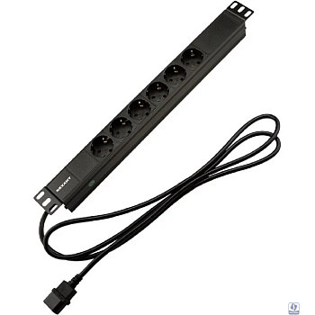 Rexant (04-0301-1) Блок распределения питания для 19" шкафов, горизонтальный, 6 розеток СЕЕ 7/4, 10A, без выкл, алюм корп, шнур 2м, вилка C14