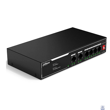 DAHUA DH-SF1006LP 6-портовый неуправляемый коммутатор с РоЕ, 4xRJ45 100Mb PoE, 2xRJ45 100Mb uplink, суммарно 36Вт, коммутация 1.2 Гбит/с, MAC-таблица 2K, металл