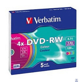 Verbatim  Диск DVD-RW 4x, Colour, Slim, 5шт,(43563)