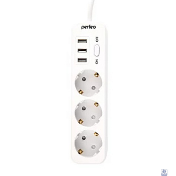 Perfeo сетевой фильтр "POWER STREAM", 2500W, двойная защита, 4м, 3 розетки, 3 USB, белый.