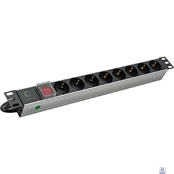 Cabeus  PDU-8P-2IEC  Блок евророзеток для 19" шкафов, горизонтальный, 8 розеток, 10 A, выключатель, алюминиевый корпус, шнур 2 м, вилка IEC 320 C14