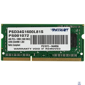 Patriot DDR3 SODIMM 4GB PSD34G1600L81S (PC3-12800, 1600MHz, 1.35V)