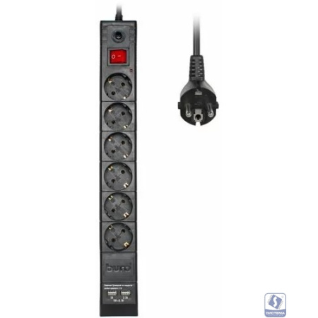 BURO Сетевой фильтр, 6 розеток, 1.8 метров (BURO BU-SP1.8_USB_2A-B), черный (коробка) 