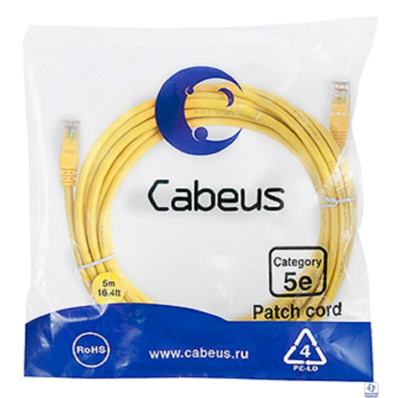 Cabeus PC-UTP-RJ45-Cat.5e-5m-YL-LSZH Патч-корд U/UTP, категория 5е, 2xRJ45/8p8c, неэкранированный, желтый, LSZH, 5м