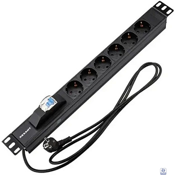 Rexant (04-0103-1) Блок распределения питания для 19" шкафов, горизонтальный, 6 розеток СЕЕ 7/4, 16A, автомат защиты, алюм корп, шнур 2м, вилка СЕЕ 7/7