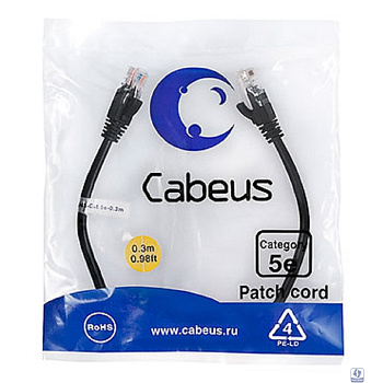 Cabeus PC-UTP-RJ45-Cat.5e-0.3m-BK-LSZH Патч-корд U/UTP, категория 5е, 2xRJ45/8p8c, неэкранированный, черный, LSZH, 0.3м