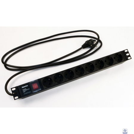 Hyperline SHE19-8SH-S-2.5EU Блок розеток для 19" шкафов, горизонтальный, с выключателем с подсветкой, 8 розеток Schuko (16A), 250В, кабель питания 3х1.5мм2, длина 2.5 м, с вилкой Schuko, 482.6x44.4x44