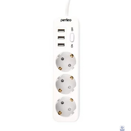 Perfeo сетевой фильтр "POWER STREAM", 2500W, двойная защита, 4м, 3 розетки, 3 USB, белый.