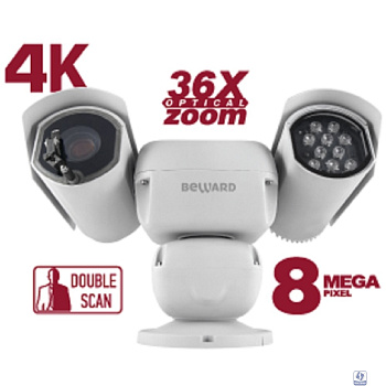 BEWARD SV8193215-R3 8 Мп, 1/1.8'' КМОП SONY Starvis, скоростная PTZ 0.1-200°/сек, 0.006 лк (день)/0.0005 лк (ночь), 2xWDR до 120 дБ, 3 потока H.265/H.264/MJPEG, Zoom 36x оптич