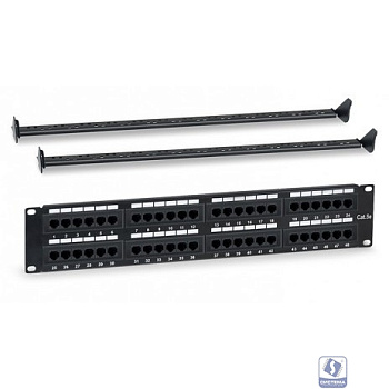 WRline WR-PL-48-C5E-D Патч-панель 19" (2U), 48 портов RJ-45, категория 5e, Dual IDC, с задним кабельным организатором, цвет черный
