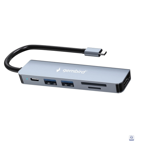 Gembird Док-станция Type-C 6в1: USB3.1, PD100W, SD/TF, USB2.0, HDMI, кабель 16см, алюминий (UHB-D9)