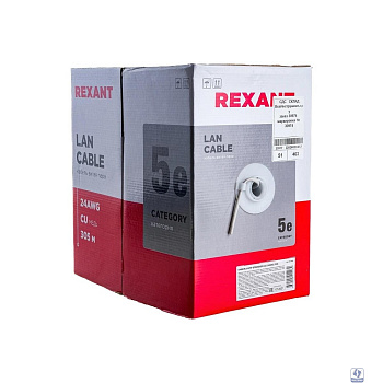 Rexant (01-0026) Кабель витая пара U/UTP, CAT 5e, PVC, 2PR, 24AWG, INDOOR, STRANDED, серый, 305м